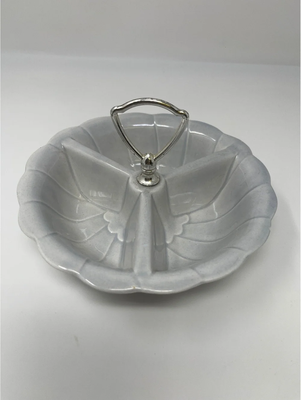 Vintage USA Pottery Blue Divided Serving Dish With Chrome Handle Barware MCM 8”
